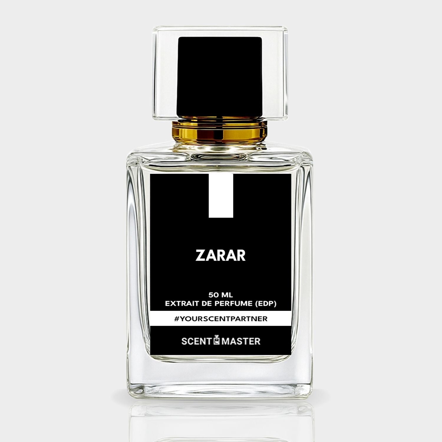 Perfume bottle labeled 'ZARAR' with a black cap on a light gray background
