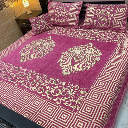 4 Pcs Velvet Jacquard Fancy Bed Set | Pink | JCVJ-4008