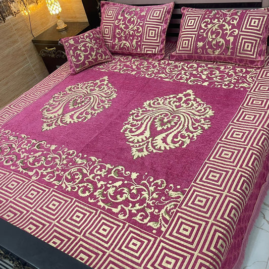 4 Pcs Velvet Jacquard Fancy Bed Set | Pink | JCVJ-4008
