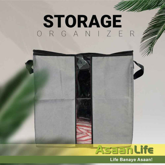 Extra Large Capacity Storage Organizer Bag in Grey color made by 100GSM oxford non-woven material by asaanlife.pk, essential for people having new born baby, infants, child, elderly people, patients, and for pet lovers.