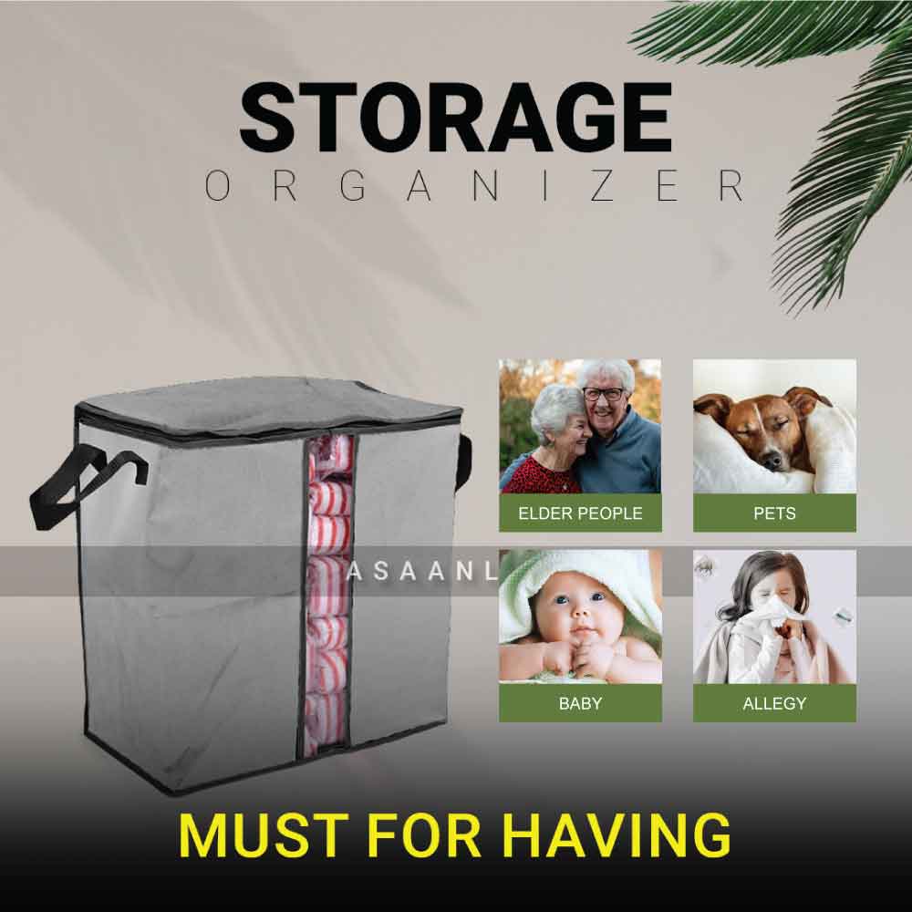 Extra Large Capacity Storage Organizer Bag in Grey color made by 100GSM oxford non-woven material by asaanlife.pk, essential for people having new born baby, infants, child, elderly people, patients, and for pet lovers.