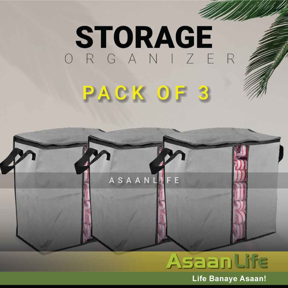 Extra Large Capacity Storage Organizer Bag in Grey color made by 100GSM oxford non-woven material by asaanlife.pk, essential for people having new born baby, infants, child, elderly people, patients, and for pet lovers.