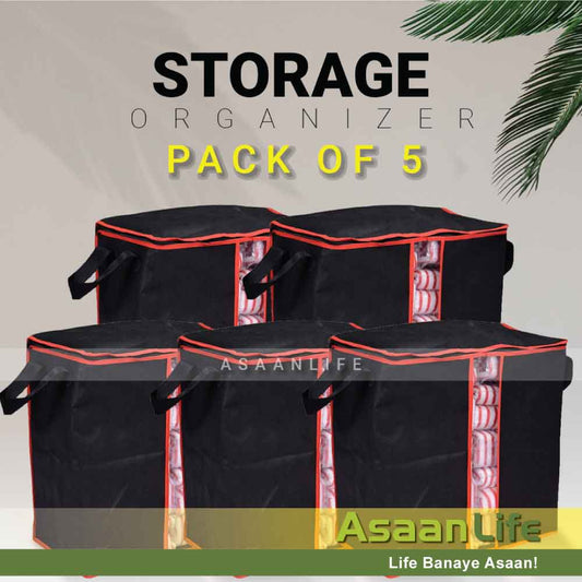 Pack of 5 Extra Large Capacity Storage Organizer Bag | Black | 100Gsm
