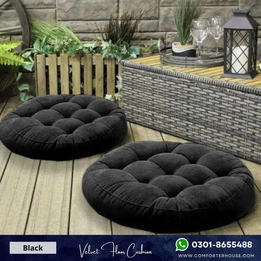 Comforter House | 2 Pcs Round Floor Cushion Velvet | Black | CHFC-VR01