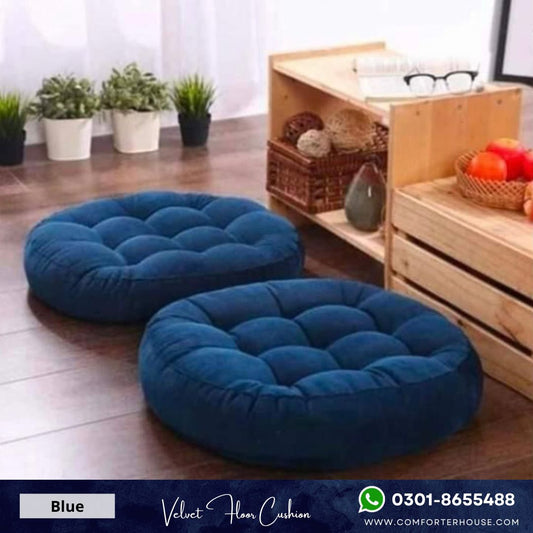 Comforter House | 2 Pcs Round Floor Cushion Velvet | Blue | CHFC-VR02
