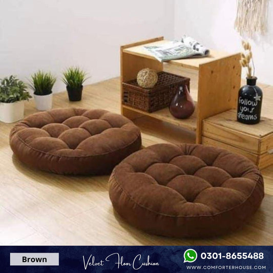 Comforter House | 2 Pcs Round Floor Cushion Velvet | Brown | CHFC-VR03