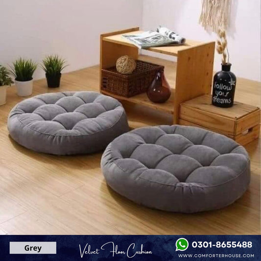 Comforter House | 2 Pcs Round Floor Cushion Velvet | Grey | CHFC-VR04