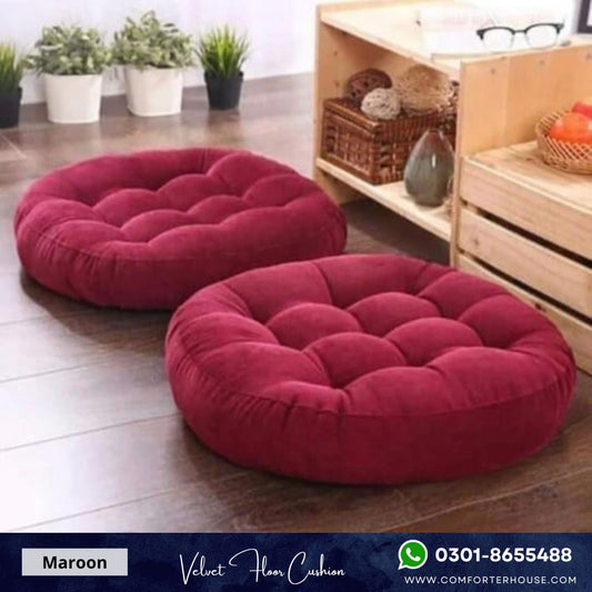 Comforter House | 2 Pcs Round Floor Cushion Velvet | Maroon | CHFC-VR05