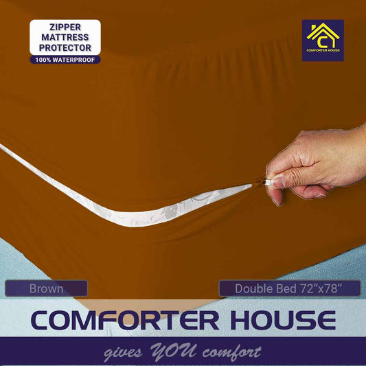 Comforter House | Waterproof Mattress Cover | Protector | Zipper | Brown | Double Bed | King Size
