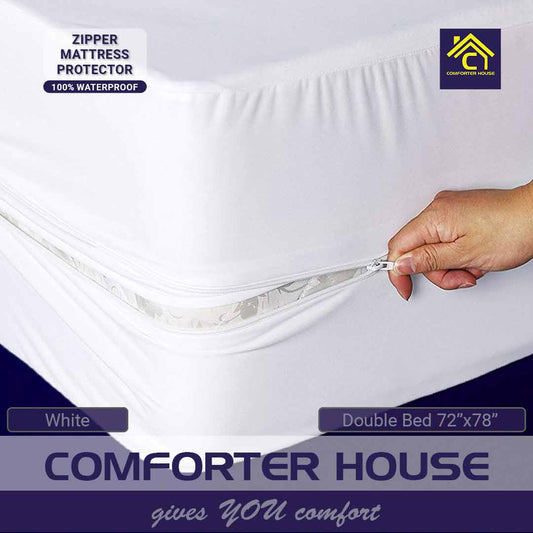 Comforter House | Waterproof Mattress Cover | Protector | Zipper | White | Double Bed | King Size