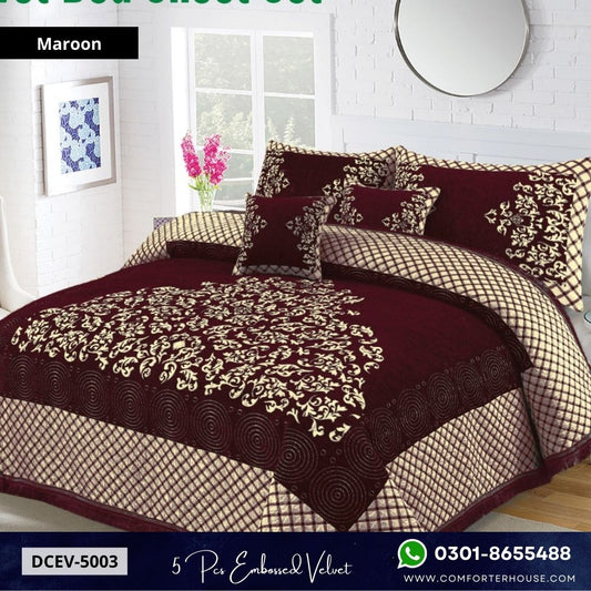 Comforter House | 5 Pcs Embossed Velvet Fancy Bed Set | Maroon | DCEV-5003