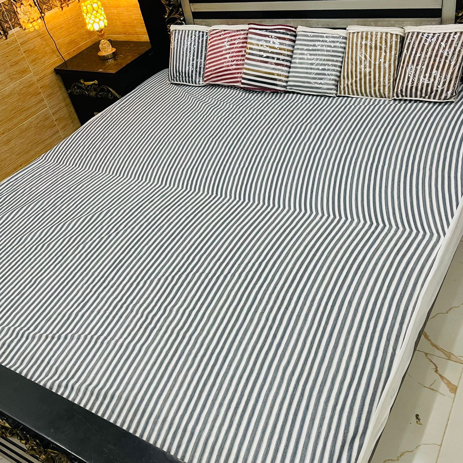 Comforter House | Waterproof Mattress Cover | Protector | Grey Striped | Double Bed | King Size