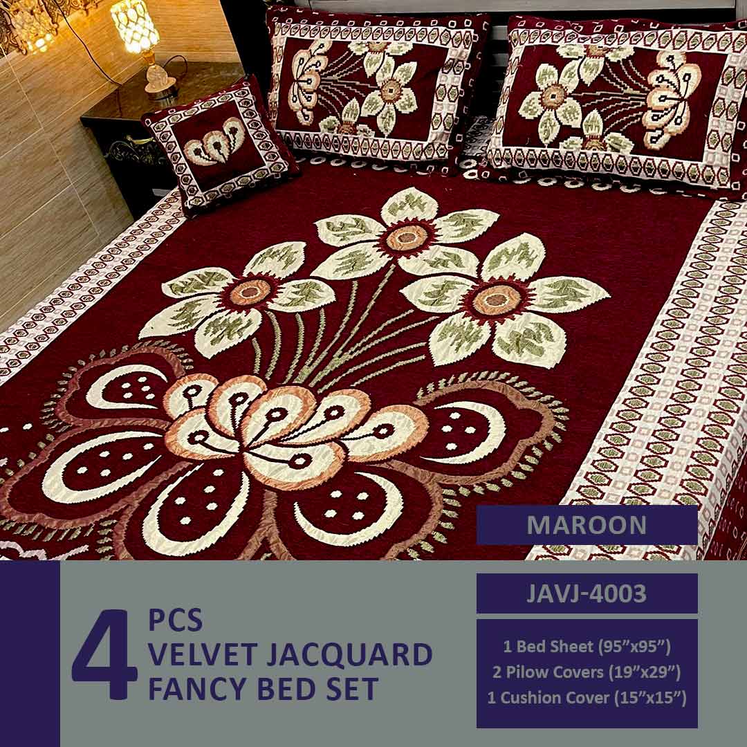 4 Pcs Velvet Jacquard Fancy Bed Set | Maroon | JAVJ-4003