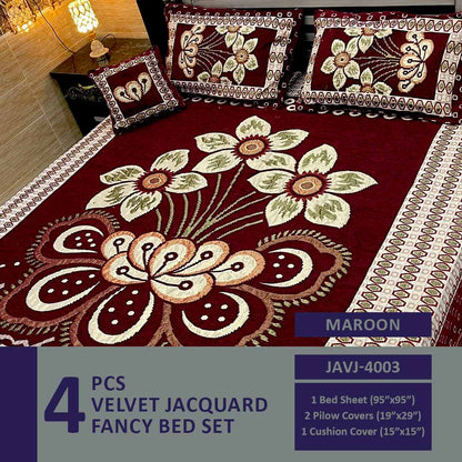 4 Pcs Velvet Jacquard Fancy Bed Set | Maroon | JAVJ-4003