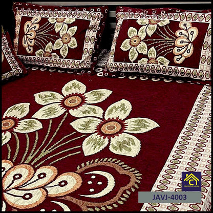 4 Pcs Velvet Jacquard Fancy Bed Set | Maroon | JAVJ-4003