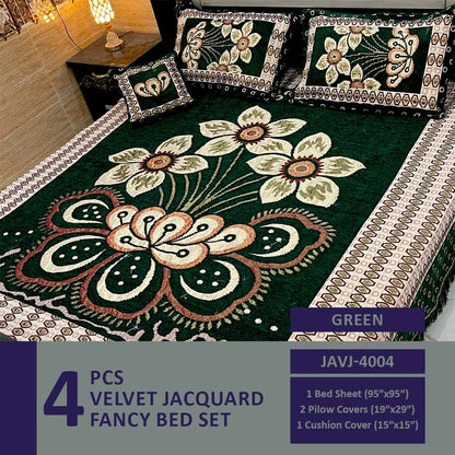 4 Pcs Velvet Jacquard Fancy Bed Set | Green | JAVJ-4004