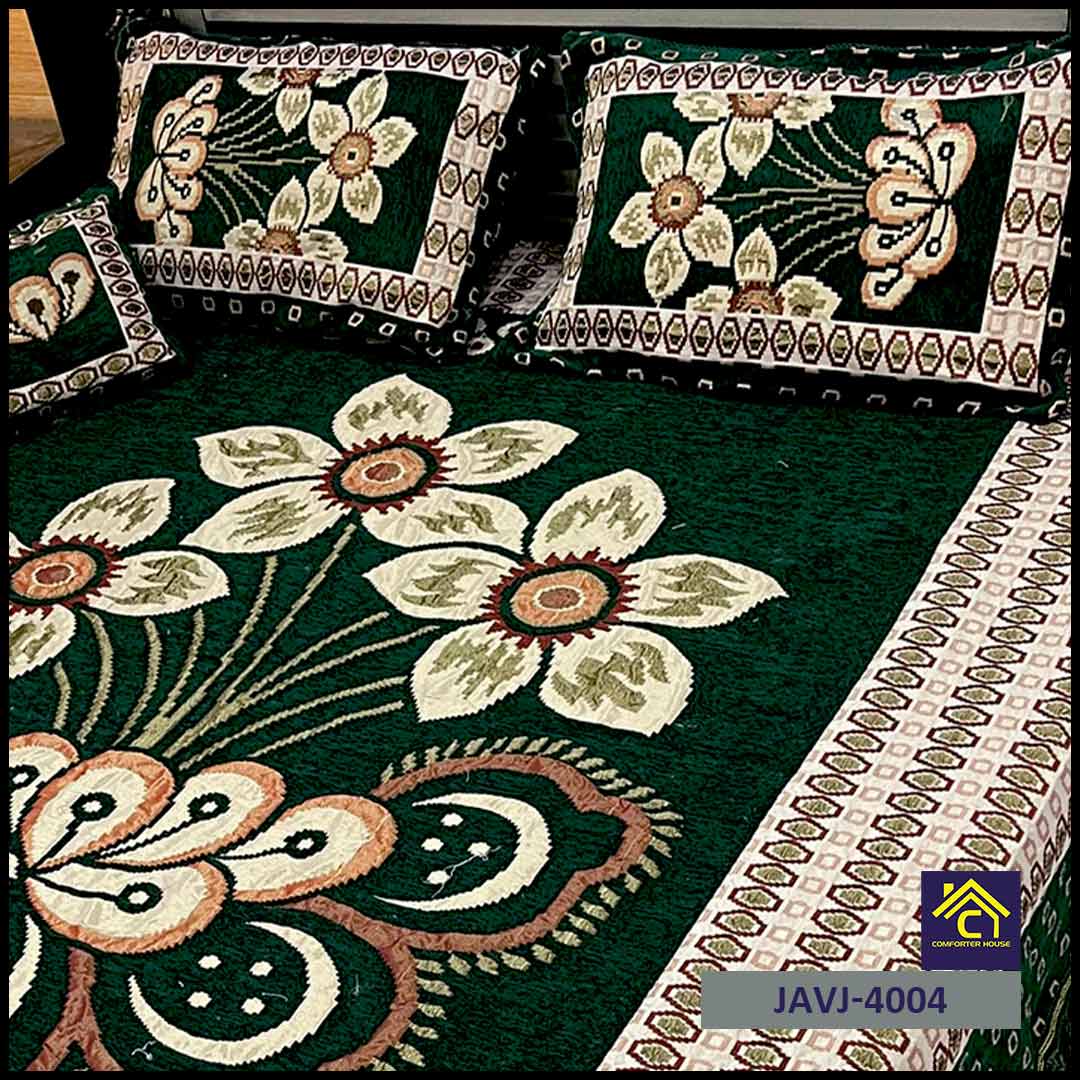 4 Pcs Velvet Jacquard Fancy Bed Set | Green | JAVJ-4004