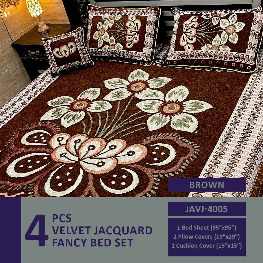 4 Pcs Velvet Jacquard Fancy Bed Set | Brown | JAVJ-4005