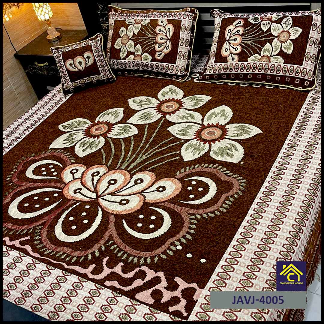 4 Pcs Velvet Jacquard Fancy Bed Set | Brown | JAVJ-4005