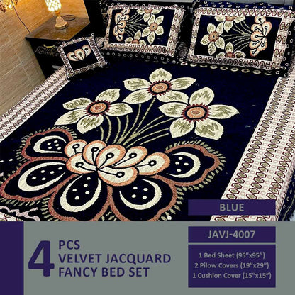 4 Pcs Velvet Jacquard Fancy Bed Set | Blue | JAVJ-4007