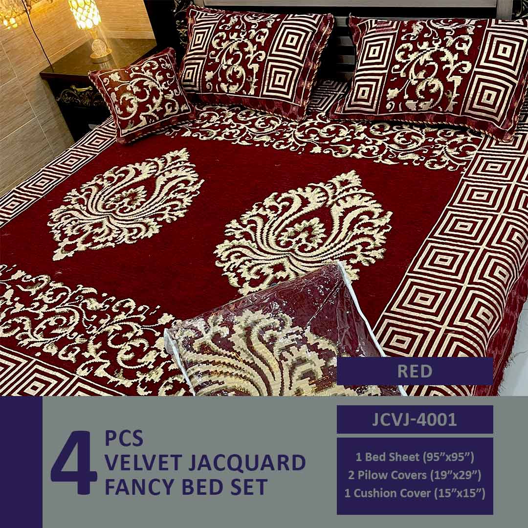 4 Pcs Velvet Jacquard Fancy Bed Set | Red | JCVJ-4001