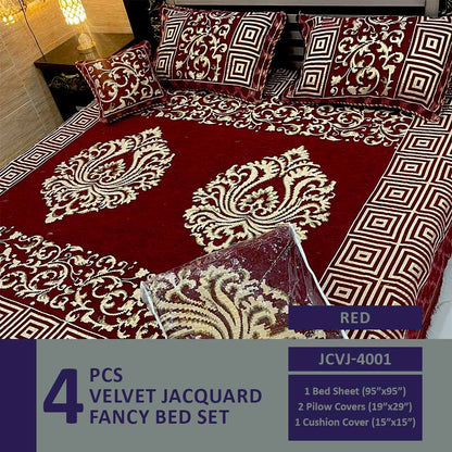 4 Pcs Velvet Jacquard Fancy Bed Set | Red | JCVJ-4001