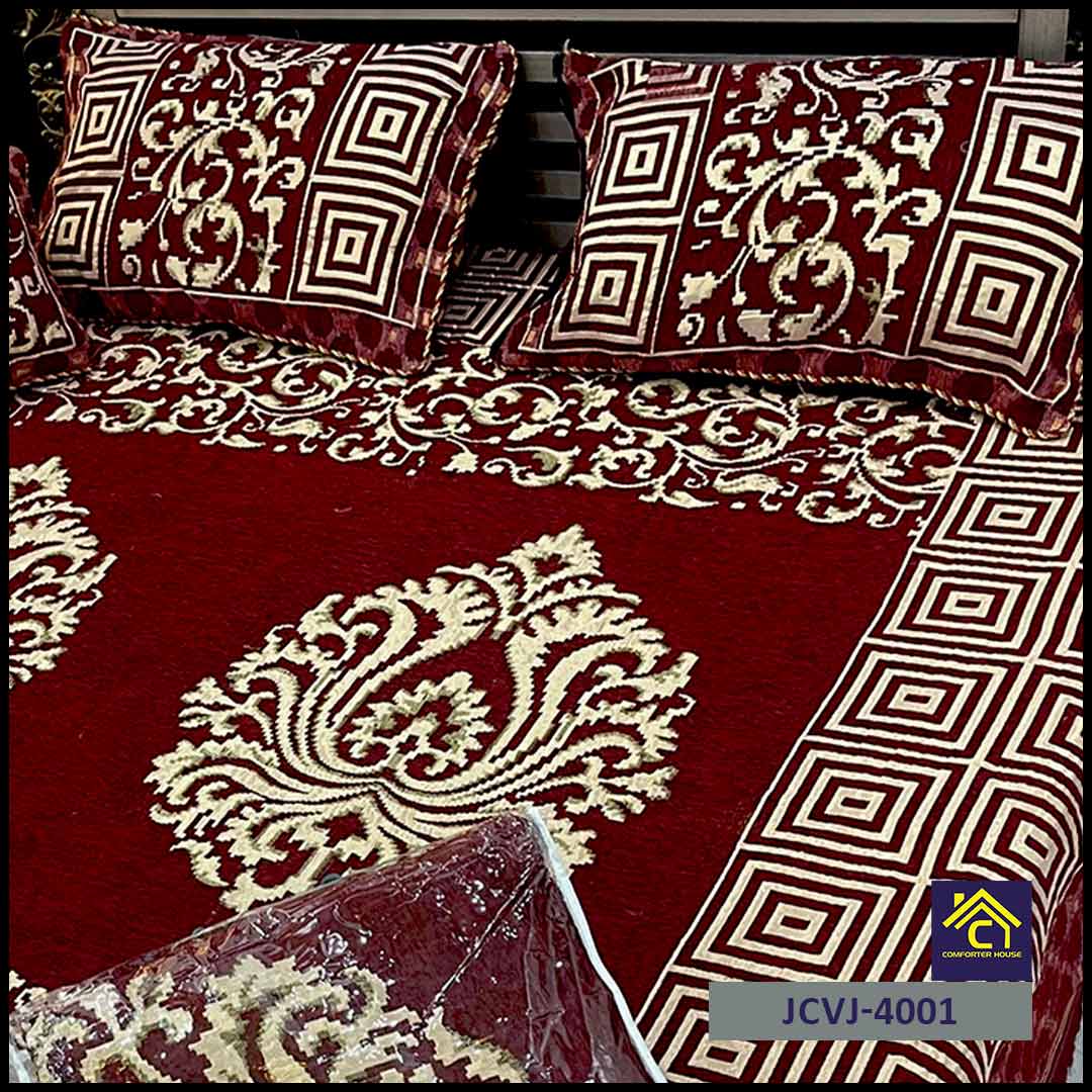 4 Pcs Velvet Jacquard Fancy Bed Set | Red | JCVJ-4001