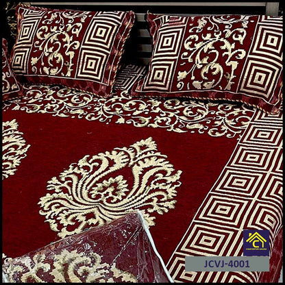 4 Pcs Velvet Jacquard Fancy Bed Set | Red | JCVJ-4001