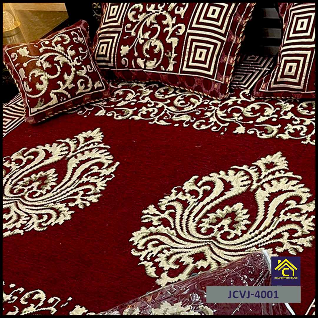 4 Pcs Velvet Jacquard Fancy Bed Set | Red | JCVJ-4001