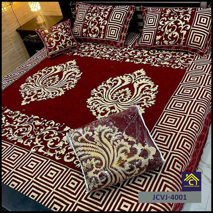 4 Pcs Velvet Jacquard Fancy Bed Set | Red | JCVJ-4001