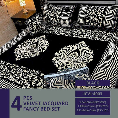 4 Pcs Velvet Jacquard Fancy Bed Set | Black | JCVJ-4003