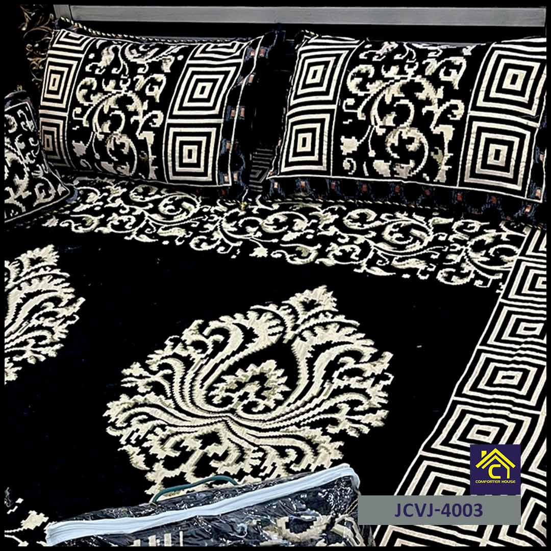 4 Pcs Velvet Jacquard Fancy Bed Set | Black | JCVJ-4003