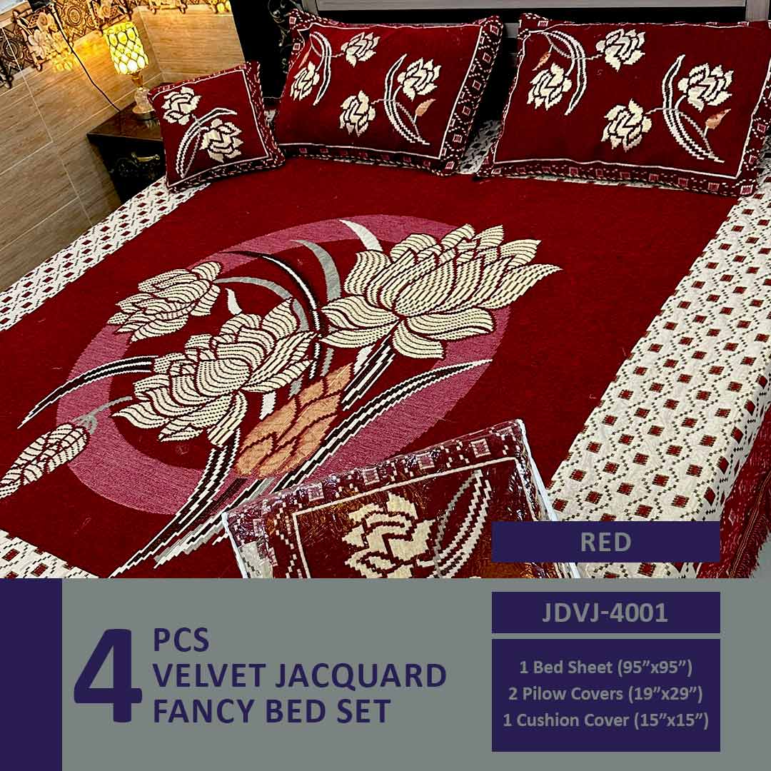 4 Pcs Velvet Jacquard Fancy Bed Set | Red | JDVJ-4001