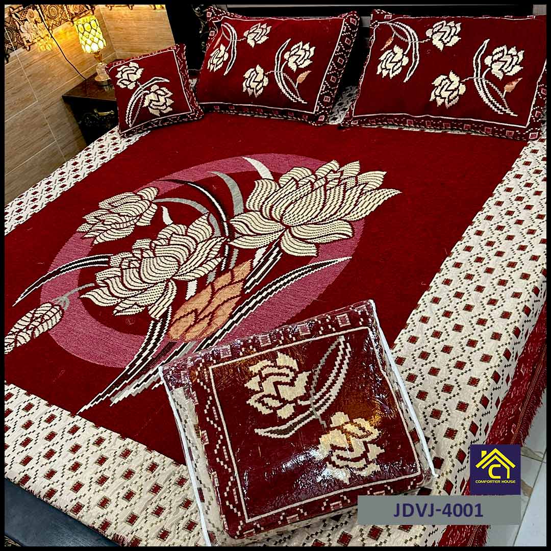 4 Pcs Velvet Jacquard Fancy Bed Set | Red | JDVJ-4001