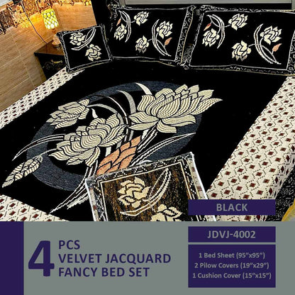 4 Pcs Velvet Jacquard Fancy Bed Set | Black | JDVJ-4002