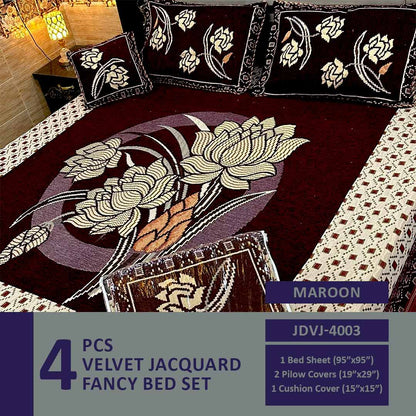 4 Pcs Velvet Jacquard Fancy Bed Set | Maroon | JDVJ-4003