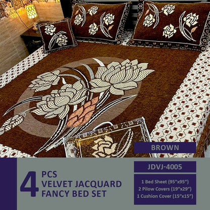 4 Pcs Velvet Jacquard Fancy Bed Set | Brown | JDVJ-4005