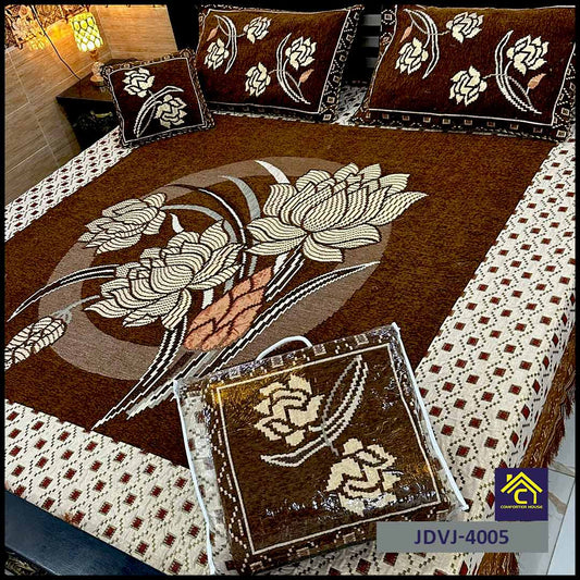 4 Pcs Velvet Jacquard Fancy Bed Set | Brown | JDVJ-4005