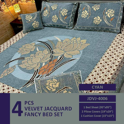 4 Pcs Velvet Jacquard Fancy Bed Set | Cyan | JDVJ-4006