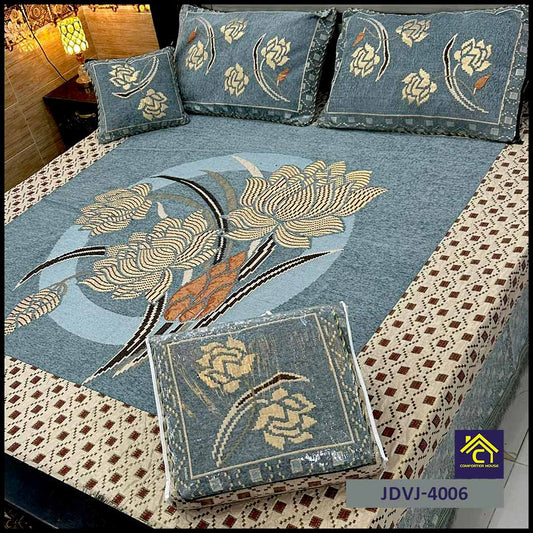 4 Pcs Velvet Jacquard Fancy Bed Set | Cyan | JDVJ-4006