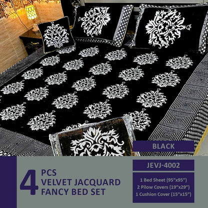 4 Pcs Velvet Jacquard Fancy Bed Set | Black | JEVJ-4002