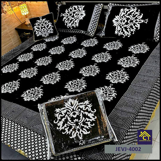 4 Pcs Velvet Jacquard Fancy Bed Set | Black | JEVJ-4002