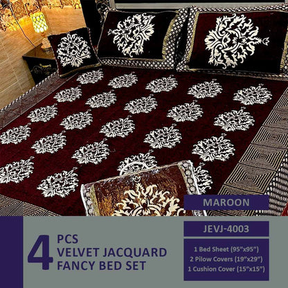 4 Pcs Velvet Jacquard Fancy Bed Set | Maroon | JEVJ-4003