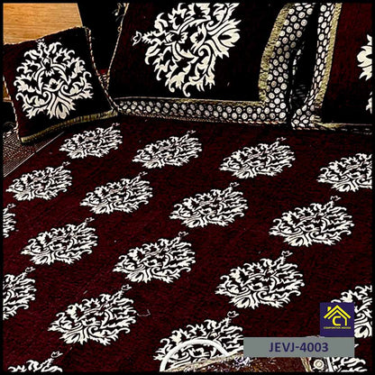 4 Pcs Velvet Jacquard Fancy Bed Set | Maroon | JEVJ-4003