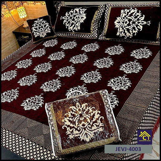 4 Pcs Velvet Jacquard Fancy Bed Set | Maroon | JEVJ-4003