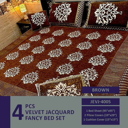 4 Pcs Velvet Jacquard Fancy Bed Set | Brown | JEVJ-4005