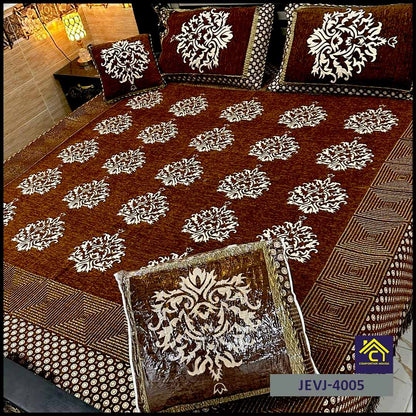 4 Pcs Velvet Jacquard Fancy Bed Set | Brown | JEVJ-4005