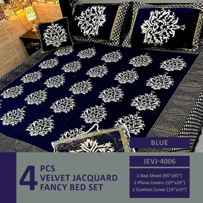 4 Pcs Velvet Jacquard Fancy Bed Set | Blue | JEVJ-4006