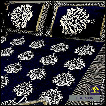 4 Pcs Velvet Jacquard Fancy Bed Set | Blue | JEVJ-4006