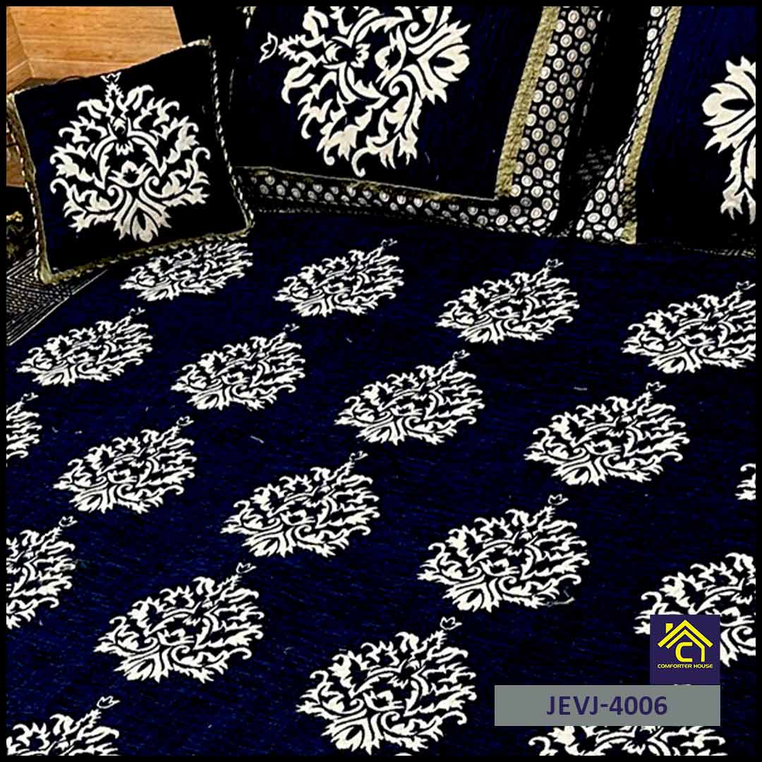 4 Pcs Velvet Jacquard Fancy Bed Set | Blue | JEVJ-4006